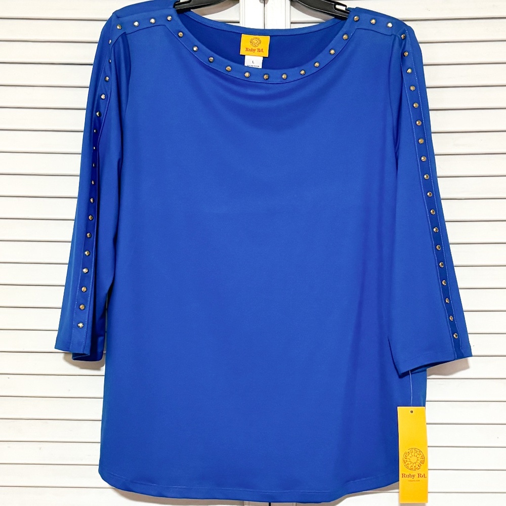 Ruby Rd. Top Blouse - Blue with gold embellishments - Size L - New with tags
